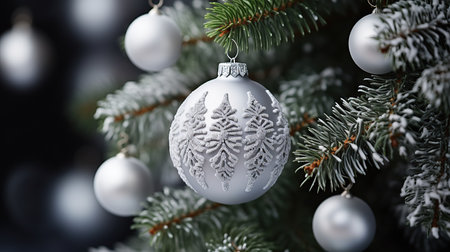 Christmas set of white, silver, gold layers. With a green Christmas tree branch.の素材