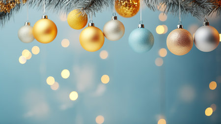 Yellow Christmas layers with green branches. On a blue background.の素材