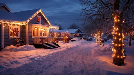 A house decorated with Christmas garlands. On a snowy background.の素材