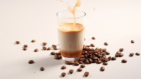 Fragrant coffee in a glass cup with scattered beans. On a white background.の素材