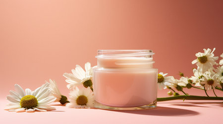 Glass jar for cream or tonic with chamomile. On a soft pink background.の素材