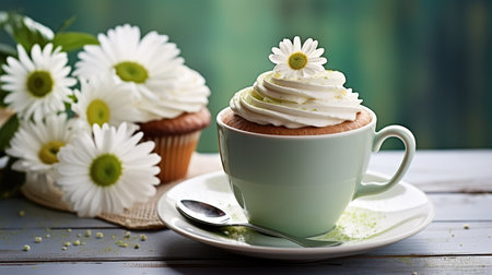 A cup of fragrant coffee with scattered beans. On a green background with daisies and a muffin.の素材