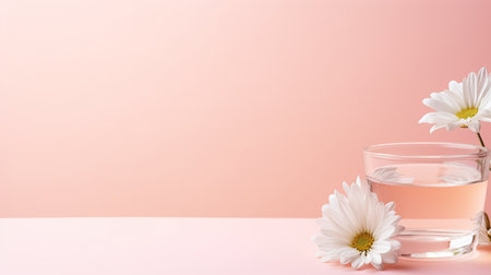 Glass jar for cream or tonic with chamomile. On a soft pink background.の素材