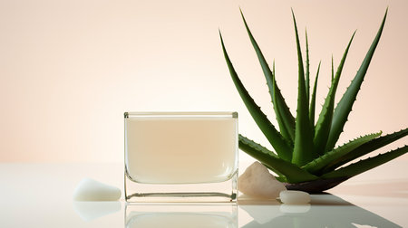 Cosmetic cream in a jar with an aloe plant. On a gentle orange background.の素材