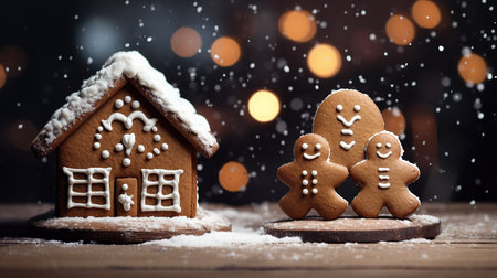 Christmas gingerbread house with funny gingerbreads. Blurred lights and snow in the background.の素材