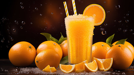 Fresh orange juice with ice in a glass with a straw. Water drops with mint on the background.の素材