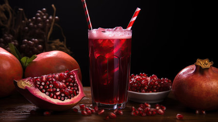 Fresh pomegranate juice with ice in a glass with a straw. In the background, a split pomegranate with water droplets.の素材