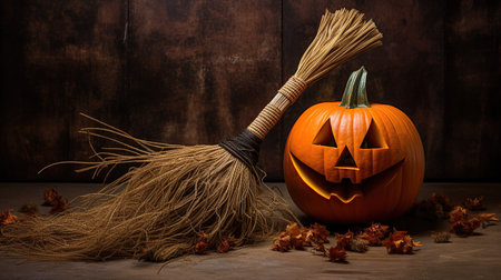 An interesting Halloween pumpkin on the hay. A cheerful broom is in the background.の素材