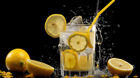 Fresh lemon juice with ice in a glass with a straw. Water droplets in the background.の素材
