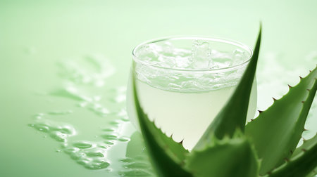 Cosmetic cream in a jar with an aloe plant. On a gentle green background.の素材