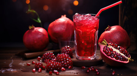 Fresh pomegranate juice with ice in a glass with a straw. In the background, a split pomegranate with water droplets.の素材