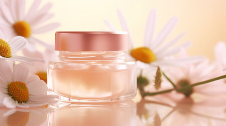 Glass jar for cream or tonic with chamomile. On a soft pink background.の素材