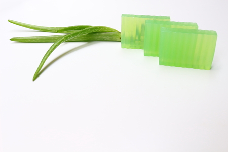 Natural transparent green glycerin aloe vera handmade soaps with fresh aloe vera plant on white background.の写真素材
