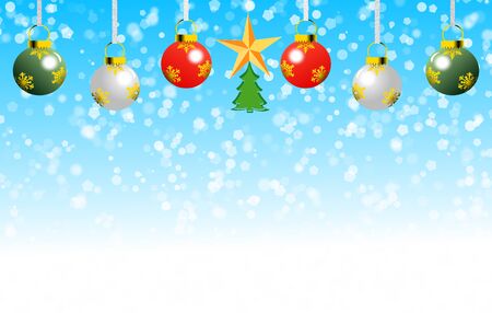 Beautiful christmas decoration theme on blue background with hanging ornaments on top and copy space below.の写真素材