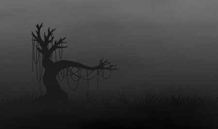 Creepy tree surrounded with vines stays on grass field in foggy night, illustration design background for horror concept.の写真素材