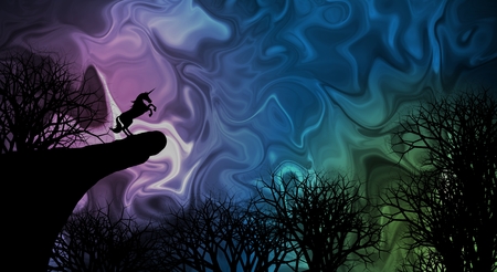 A unicorn on stone cliff among creepy forest under mysterious sky at night illustration design background.の写真素材