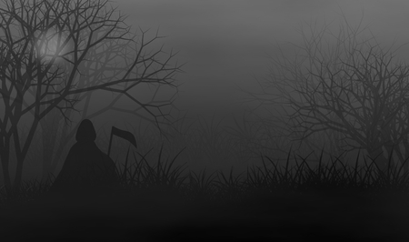 Nightmare creepy forest with Halloween Grimm reaper in the dark with mist and cloudy moon of scary night.の写真素材