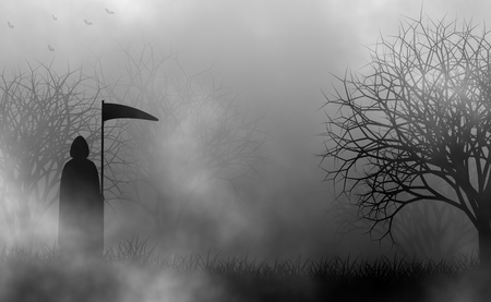 Grimm reaper in mysterious creepy trees forest with more mist illustration design background.の写真素材
