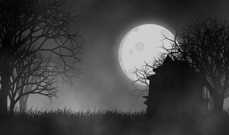 Haunted house in horror night with full moon, mist, grass filed, and creepy trees illustration design background.の写真素材
