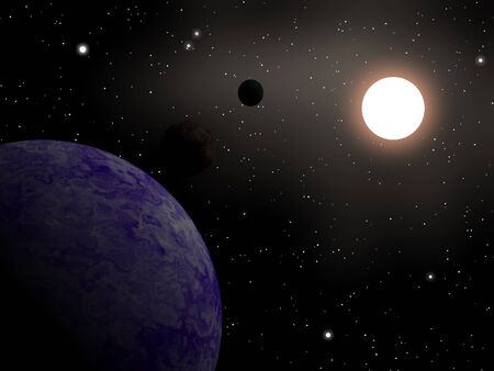 Space scape illustration design background with sphere, planets, gas, dust, and stars in the dark of...