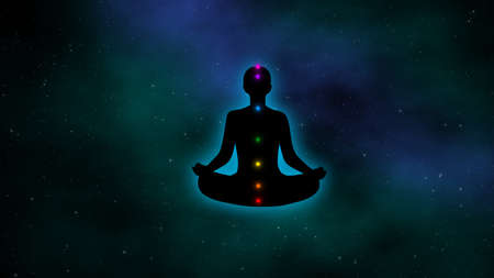 Meditation man with chakras, and aura glow with the beautiful of the galaxy, illustration concept design background.の写真素材