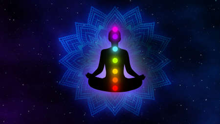Meditation man with aura, seven chakras, and glow mandala in the galaxy illustration concept design background.の写真素材