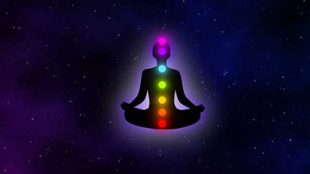Meditation man with purple aura and seven chakras in the galaxy illustration concept design background.の写真素材