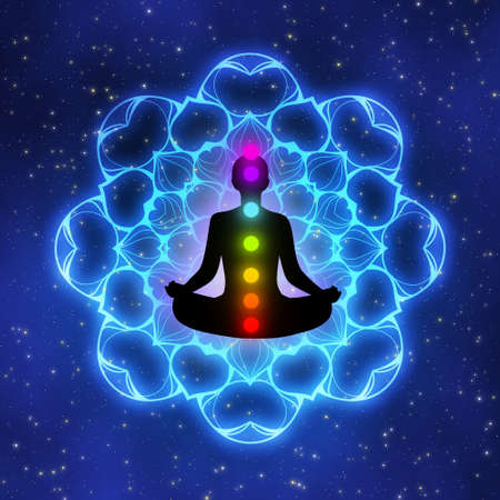 Meditation man with aura, seven chakras, and glow mandala in the galaxy illustration concept design background.の写真素材