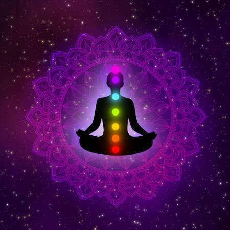 Meditation man with aura, seven chakras, and glow mandala in the galaxy illustration concept design background.の写真素材
