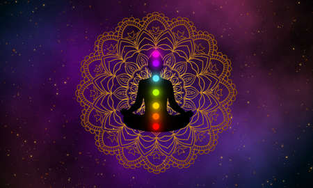 Silhouette of meditation man with seven chakras glow up on gold mandala with the beautiful of galaxy space on background.の写真素材