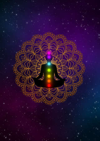 Abstract meditation man with chakras and golden mandala in the galaxy illustration design background.の写真素材