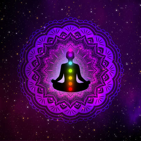 Abstract meditation man with seven chakras and mandala in the galaxy illustration design background.の写真素材