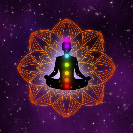 Abstract silhouette meditation man with seven chakras on copper mandala in the galaxy and beautiful stars field.の写真素材