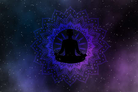 Meditation mandala galaxy illustration design background with stars field in the universe.