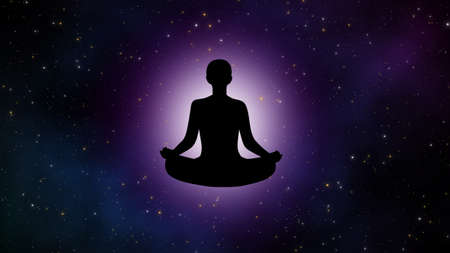 Silhouette meditation man with full inner power and beautiful universe on background.の写真素材