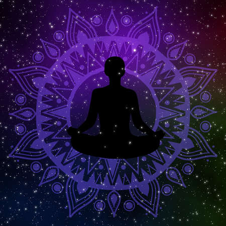 Handdrawn mandala on galaxy illustration art design with silhouette meditation man on center.の写真素材
