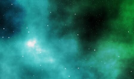 Spacescape illustration astronomy graphic design background with blue and green nebulaes amoung starfield in deep universe.の写真素材
