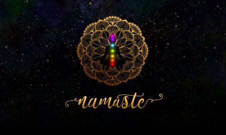 Meditation man with seven chakra in the universe and namaste lettering.