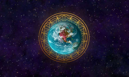 Fantasy Earth and flower of life geometry sacred sign in the infity of the universe. 3D illustration.の写真素材