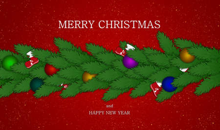Meery Christmas Card concept design with fir, balls, and boots with glitters on red background.の写真素材