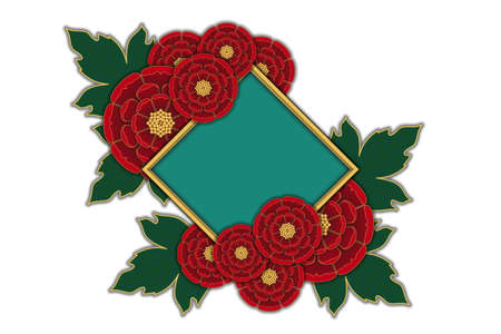 Chinese element style with diamond frame in center and red peonies arounded on white background.の写真素材