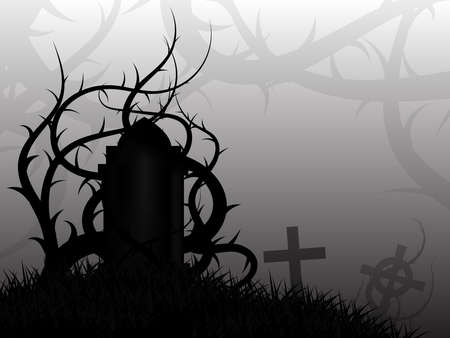 Scary cemetery in thorns forest, fog covered all around, so mysterious and creepy place.の写真素材