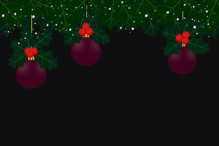Holly leaves and ornament balls on dark grey background graphic design for Christmas celebration.の写真素材