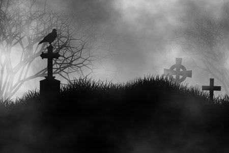 A crow on the top of tombstone in haunted cemetery fog covered everywhere in the dark.の写真素材
