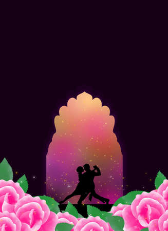 The lover dancing in fantasy night of dream. Stars and glitters all around above and down decorated with pink watercolor roses on bottom.の写真素材