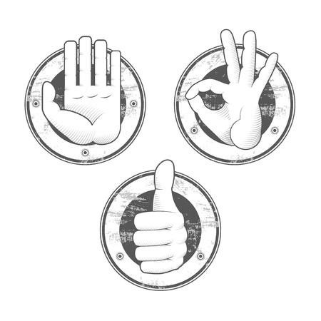 Illustration of hand gestures: ok, yes and stop.のイラスト素材