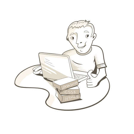 Illustration of a happy man, using a laptop のイラスト素材