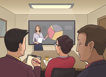 Illustration of a businesswoman giving a presentation to a audience in a conference roomのイラスト素材