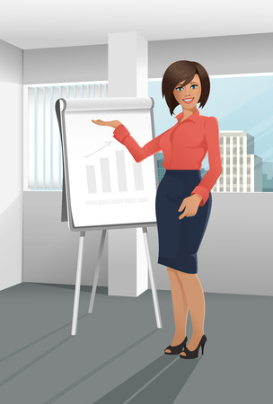 Businesswoman giving a presentation standing near the window with a cityscape in the backgroundのイラスト素材