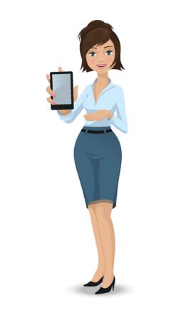 Illustration of a young woman giving a presentation with a tablet in her handのイラスト素材